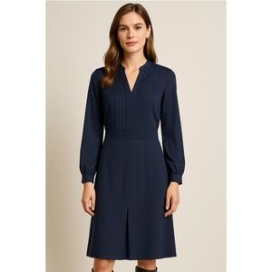 Tory Burch Pleated-Bodice V-Neck Long-Sleeve Midi Dress Navy —‎ Size 4